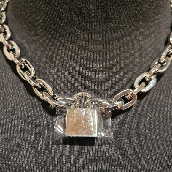 Michael Kors Square Chain Link Padlock Necklace Silver Plate Stainless Steel NWT - Picture 3 of 16